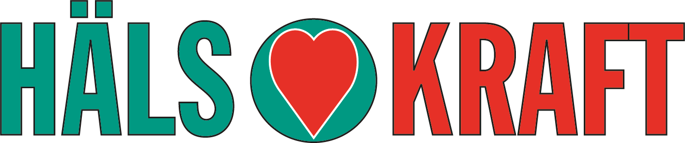 Logotyp för hälsokostkedjan Hälsokraft. Loggan är i grönt och rött med ett hjärta i mitten och transparent bakgrund.