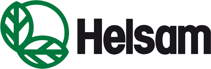 Logotyp för återförsälaren Helsam. Deras varumärke står i svart text med grön logotyp.